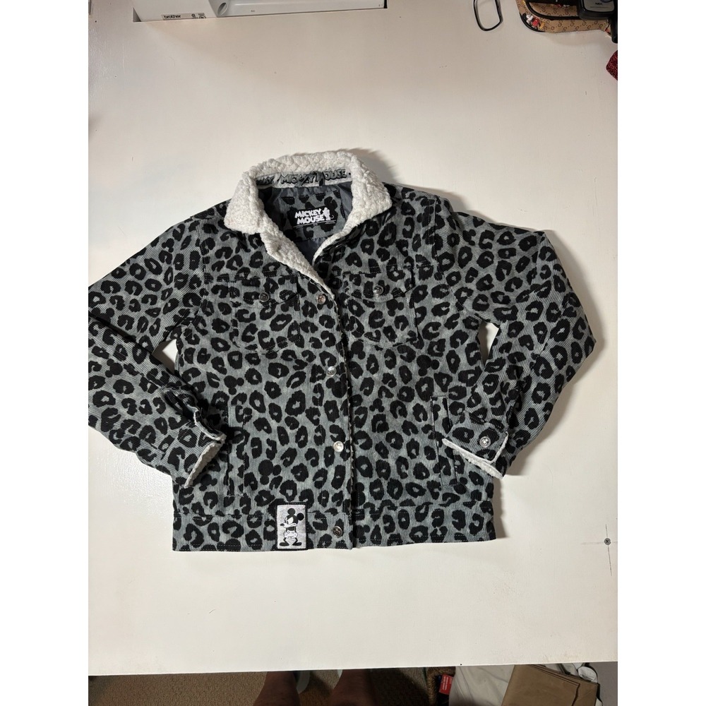 Disney Mickey Mouse Girls Corduroy Leopard Print Faux Fur Trim Jacket Gray 9/10